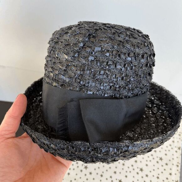 Vintage 50s Black Straw Cloche Hat • Grosgrain Bow, Up-Turn Brim - Picture 7 of 13